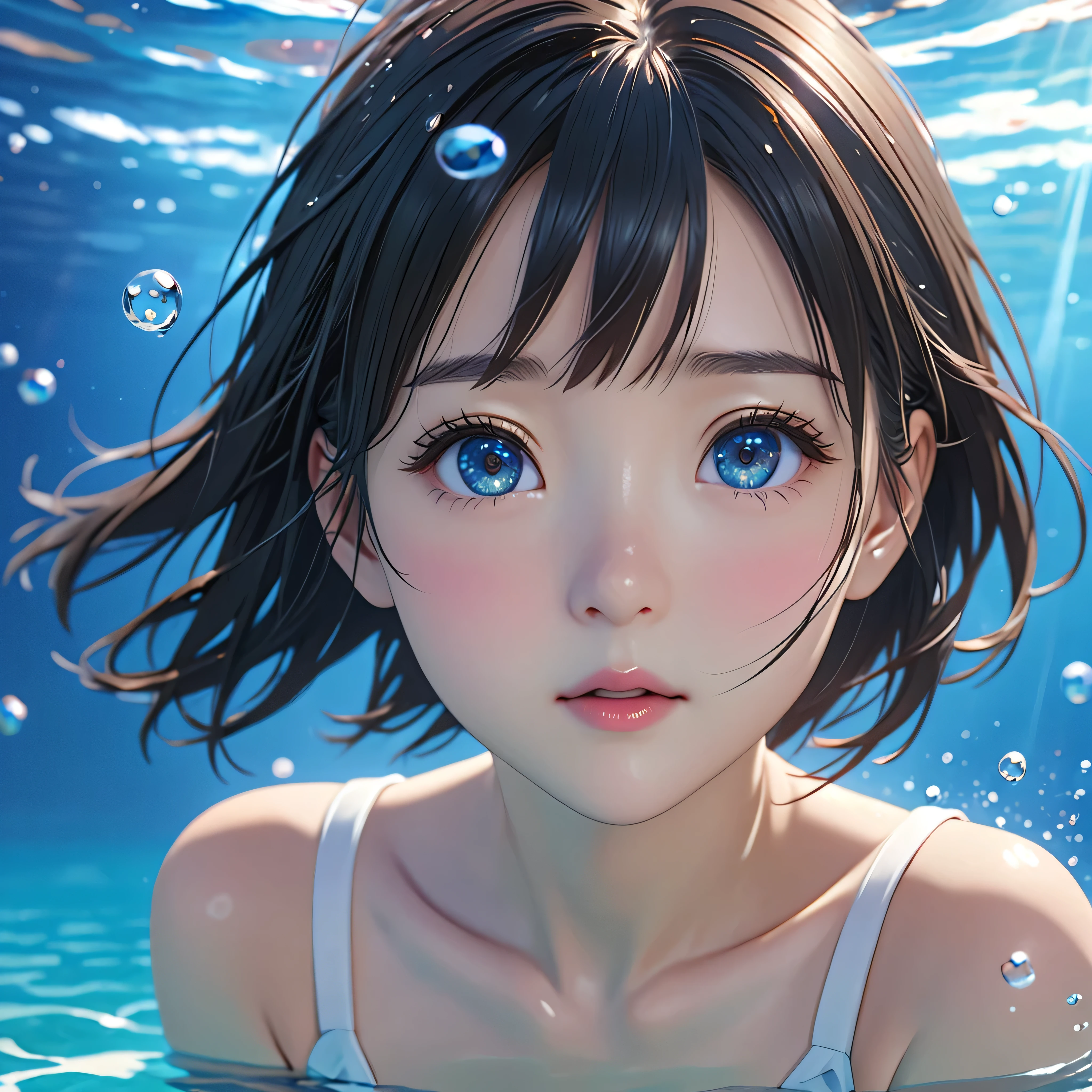 National Science Foundation,masterpiece,High resolution,8k,Art,Digit,Three-dimensional,Realism,Kyoto Animation Style,your name movie style,looking into camera,cute,baby face,Diving in the blue sea,(1 girl: 1.3),(alone: 1.4),(Cute small bikini swimsuit),Black hair,Long eyelashes,Slender legs,Short Bob,Eyes as deep as the starry sky