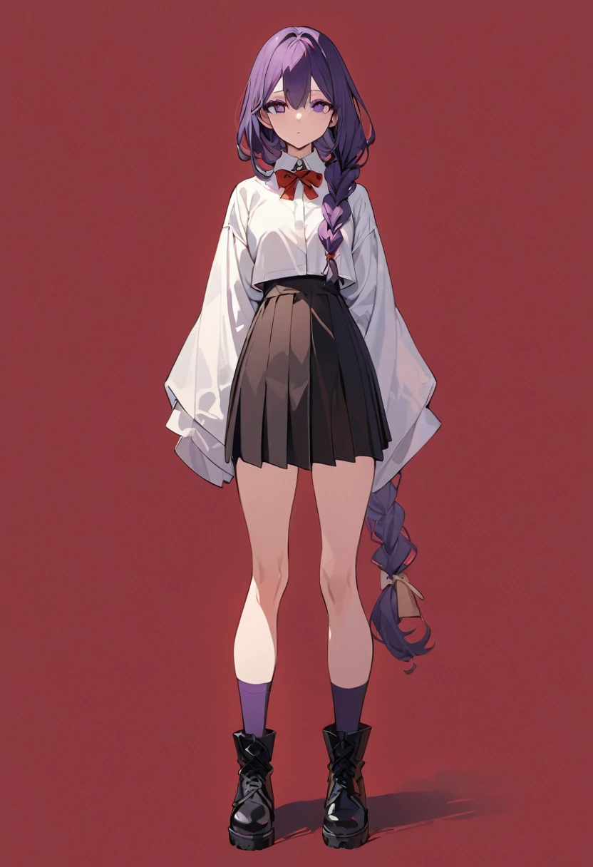 masterpiece, (bestquality), highlydetailed, cold, calm, gentle, expressionless, solo, ((detailed eyes)), (ung woman), dark purple hair, very long single braid, bright purple eyes, (white collared shirt with white furisode sleeves), thin red bow tie under the collar, (diamond-shaped pin on the front of the bow), (black high-waisted pleated skirt), dark purple high socks, black ankle boots, (simple earthy red background), ((empty background)), full body, standing