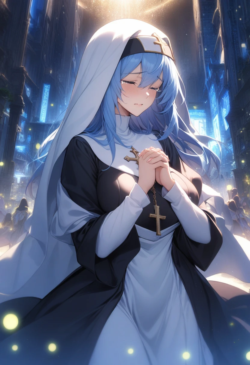 masterpiece, best quality, very aesthetic, absurdres, 1girl, mature_lady,nun_clothes,black_and_white_clothes, nun_headcovering crucifix, praying, interlocked fingers,closed_eyes,tears_in_eyes, head down,holy_light ,bathed in divine light,,aqua_(konosuba), kono_subarashii_sekai_ni_shukufuku_wo!, 1girl, long_hair,blue_hair,  single_hair_ring, bun,hair_ornament,blue_eyes,,in a city floating in sky,glowing stardust frontground,fantasy,sparkling,fireflies,