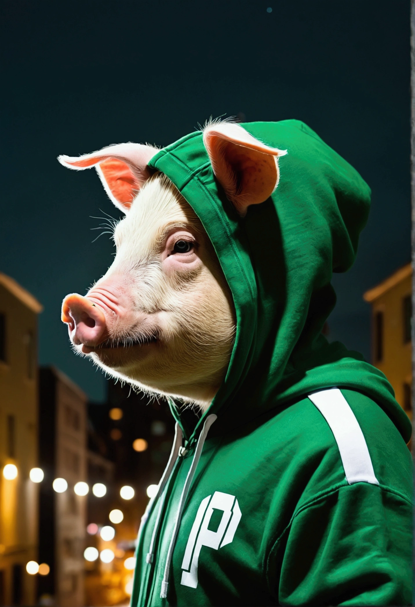 Generate an antropomorphic pig in anime style profile picture wearing a green hoodie with a letter P emblem with white details in a city background with grey buildings at night