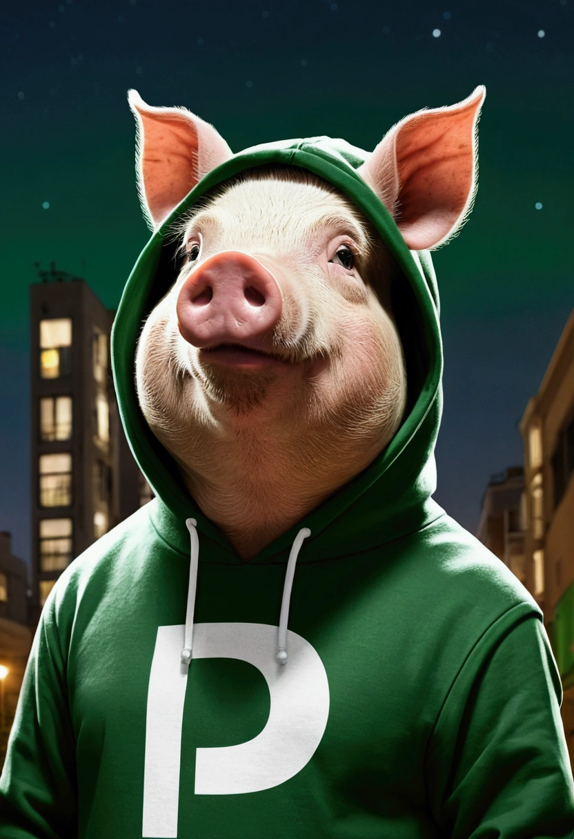 Generate an antropomorphic pig in anime style profile picture wearing a green hoodie with a letter P emblem with white details in a city background with grey buildings at night
