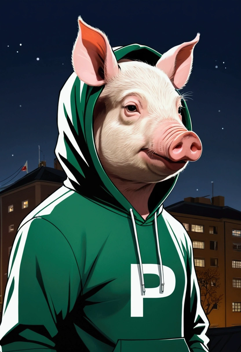 Generate an antropomorphic pig in anime style profile picture wearing a green hoodie with a letter P emblem with white details in a city background with grey buildings at night