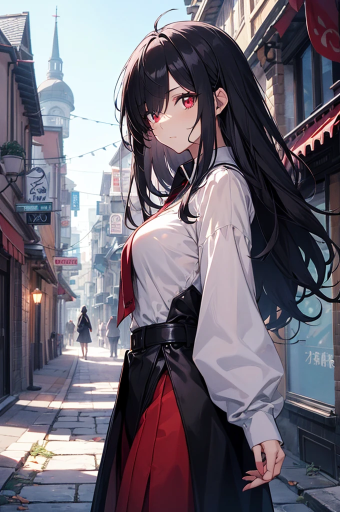 Woman, Magician, Adventurous, Black Hair, Hair Covers One Eye, Crimson Red Eyes, Mysterious, Cold Personality, Anime Magician Clothes, Anime Medieval City Background