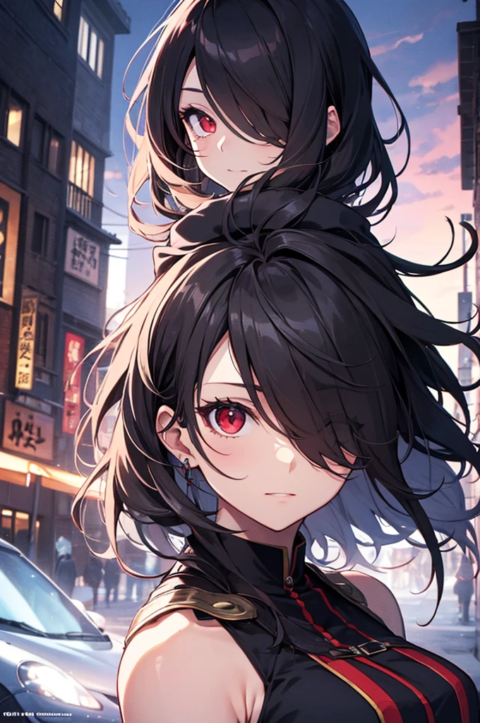 Woman, Magician, Adventurous, Black Hair, Hair Covers One Eye, Crimson Red Eyes, Mysterious, Cold Personality, Anime Magician Clothes, Anime Medieval City Background