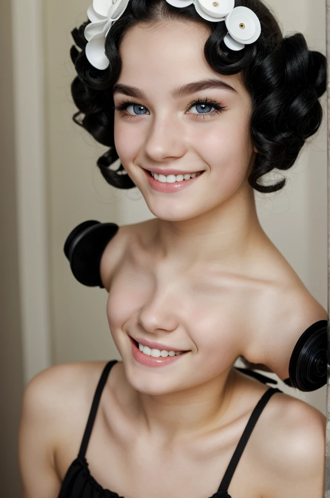 white skin boy, with black curlers that fall to her eyelashes, black eyes and 17 or 18 years old, with a mischievous smile
