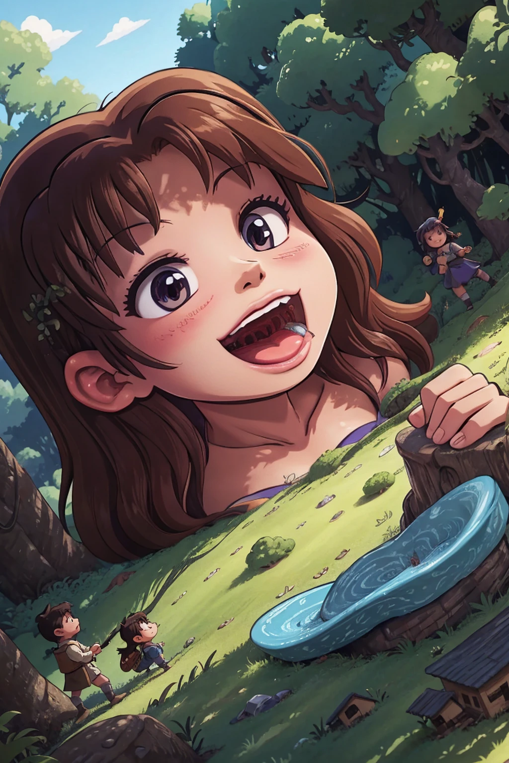 giantess、giantess eating tiny man、giantess catch up tiny man,Giant Woman、smile、迫力のあるLow - Angle、grotesque monsters、Close-up of the mouth、Sticking out tongue、 women、anime、エロanime、変態anime、nude、Sunset、blush、Black Hair、steam、In the dark forest、Low - Angle、Hellb