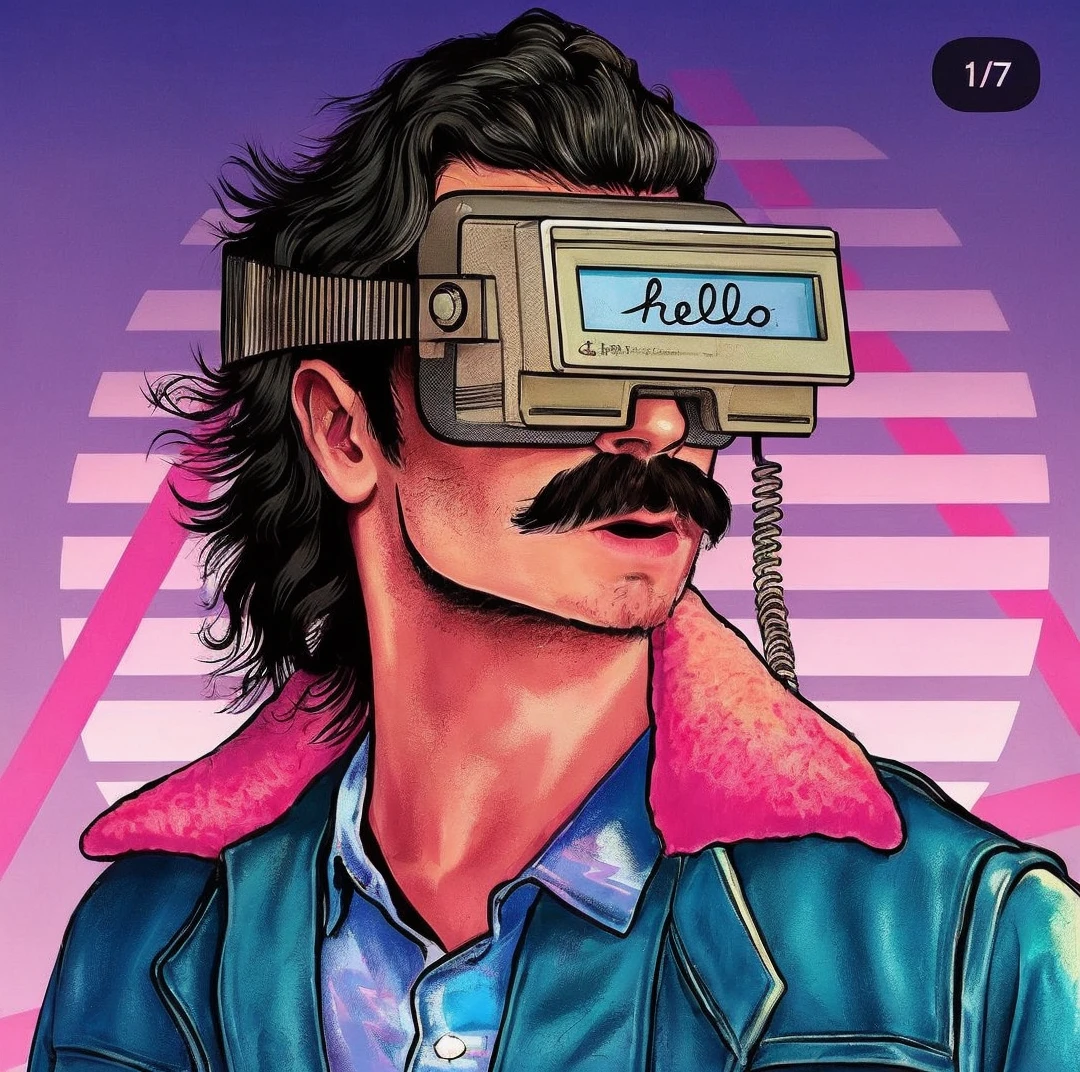 Transform the image of a white man with a mullet and mustache, wearing a 1980s-style virtual reality headset, into a black man with dreadlocks, a beard, and a mustache, maintaining the retrofuturistic aesthetic. The background should remain vibrant with 1980s colors and style, including geometric and neon patterns. The virtual reality headset should be adjusted to fit the new face, keeping its classic design and the screen displaying the word 'hello'. The man should continue wearing a blue leather jacket with a pink fur collar and a blue shirt, maintaining the original pose and expression."