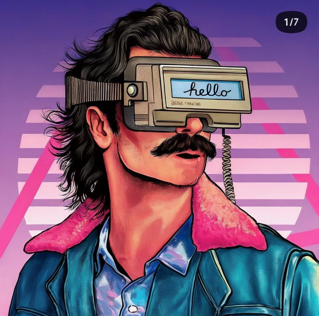 Transform the image of a white man with a mullet and mustache, wearing a 1980s-style virtual reality headset, into a black man with dreadlocks, a beard, and a mustache, maintaining the retrofuturistic aesthetic. The background should remain vibrant with 1980s colors and style, including geometric and neon patterns. The virtual reality headset should be adjusted to fit the new face, keeping its classic design and the screen displaying the word 'hello'. The man should continue wearing a blue leather jacket with a pink fur collar and a blue shirt, maintaining the original pose and expression."
