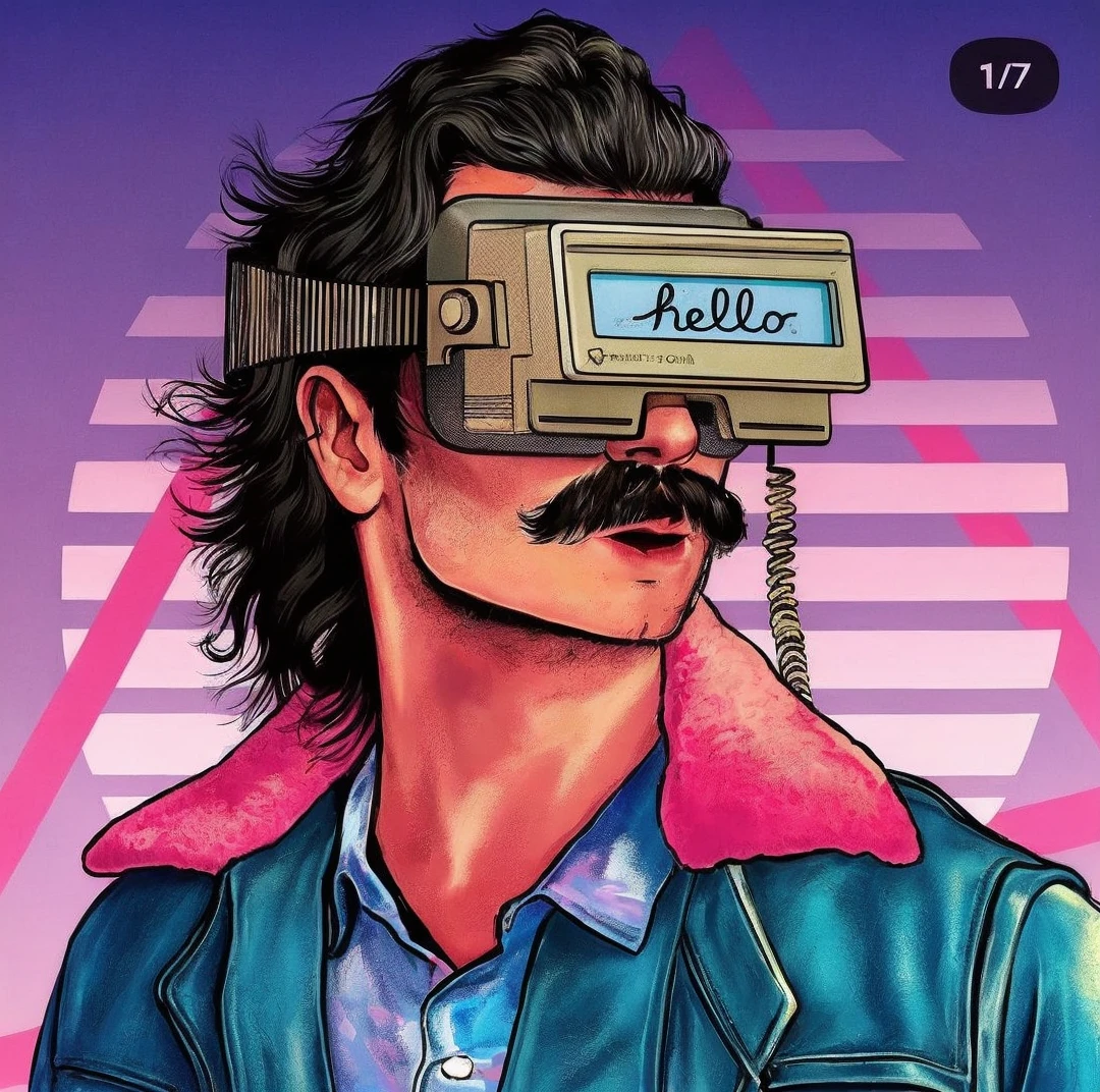 Transform the image of a white man with a mullet and mustache, wearing a 1980s-style virtual reality headset, into a black man with dreadlocks, a beard, and a mustache, maintaining the retrofuturistic aesthetic. The background should remain vibrant with 1980s colors and style, including geometric and neon patterns. The virtual reality headset should be adjusted to fit the new face, keeping its classic design and the screen displaying the word 'hello'. The man should continue wearing a blue leather jacket with a pink fur collar and a blue shirt, maintaining the original pose and expression."