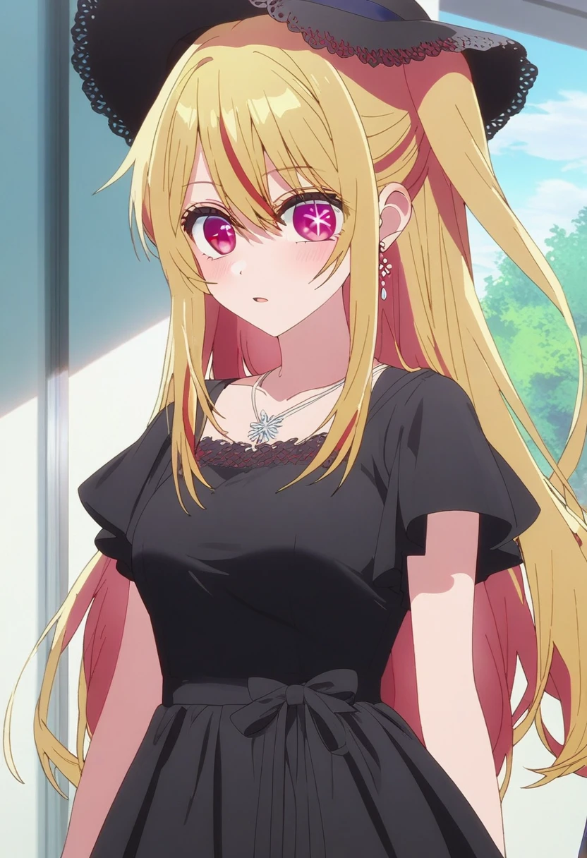 1girl, solo, (ruby_hoshino, blonde hair, bangs, 1girl,  pink eyes, long hair, looking at viewer, red eyes, streaked hair,hair between eyes), a woman in a dress and hat standing next to a bike, anime screenshot, featured on pinterest, feminine, stylish, elegant, hd, (masterpiece), best quality, expressive eyes, perfect face
