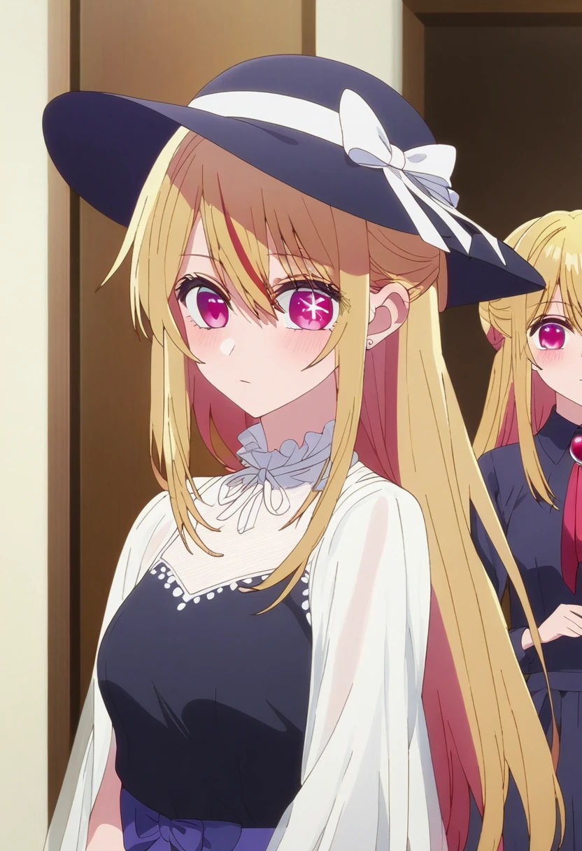 1girl, solo, (ruby_hoshino, blonde hair, bangs, 1girl, pink eyes, long hair, looking at viewer, red eyes, streaked hair,hair between eyes), a woman in a dress and hat standing next to a bike, anime screenshot, featured on pinterest, feminine, stylish, elegant, hd, (masterpiece), best quality, expressive eyes, perfect face