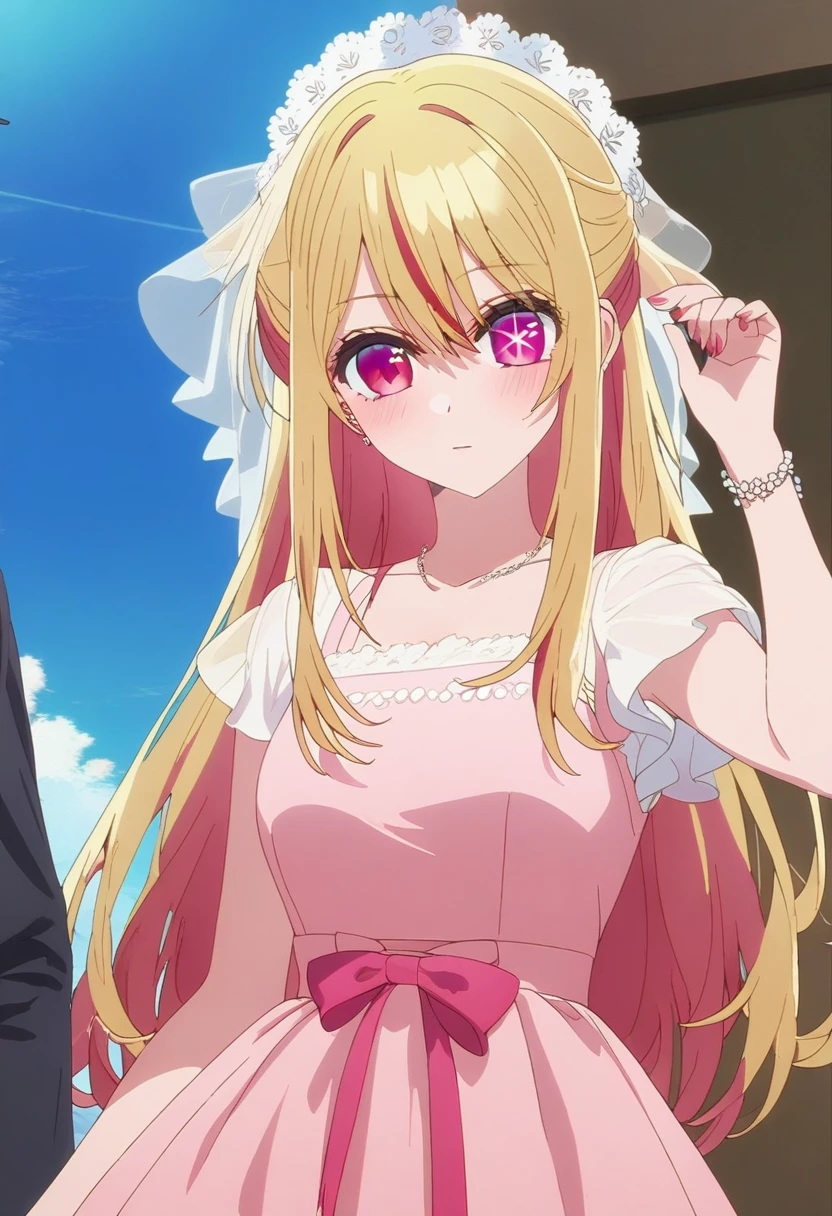 1girl, solo, (ruby_hoshino, blonde hair, bangs, 1girl,  pink eyes, long hair, looking at viewer, red eyes, streaked hair,hair between eyes), a woman in a dress and hat standing next to a bike, anime screenshot, featured on pinterest, feminine, stylish, elegant, hd, (masterpiece), best quality, expressive eyes, perfect face
