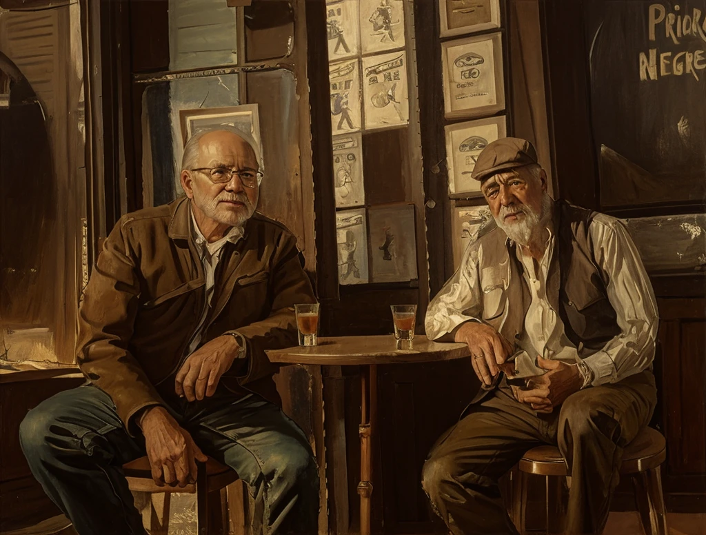 Oil painting of two old men sitting ((best work of art)) ((two elderly men)) (old bar atmosphere)) bar table, whiskey shots, Brown hair, modern, current white background, Nick Alm, by Andrea Pozzo, Jeremy Lipking, range murata Jeremy Lipking, by Carlo Mense, inspired by Enrique Simonet, sargento marshénnikov, by Michael Ford, krenzcushart, Jeremy Lipking full length shot, by Josep Rovira Soler
