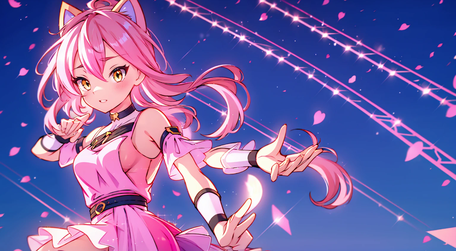 An anime girl with cat ears. Fake cat ears, and the cat ears are framed in gold on the head, long pink hair, very long hair, bright pink hair, white miniskirt with gold belt, She wears white gloves on her hands, pinker BH pinker Tanger, around the neck a golden collar, View to the viewer, 
sexly, large , tight juicy ass, elongated yellow eyes with pink fragments, cute face",,