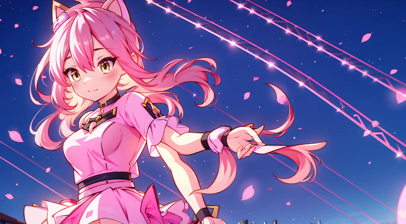 An anime girl with cat ears. Fake cat ears, and the cat ears are framed in gold on the head, long pink hair, very long hair, bright pink hair, white miniskirt with gold belt, She wears white gloves on her hands, pinker BH pinker Tanger, around the neck a golden collar, View to the viewer,
sexly, large , tight juicy ass, elongated yellow eyes with pink fragments, cute face",,