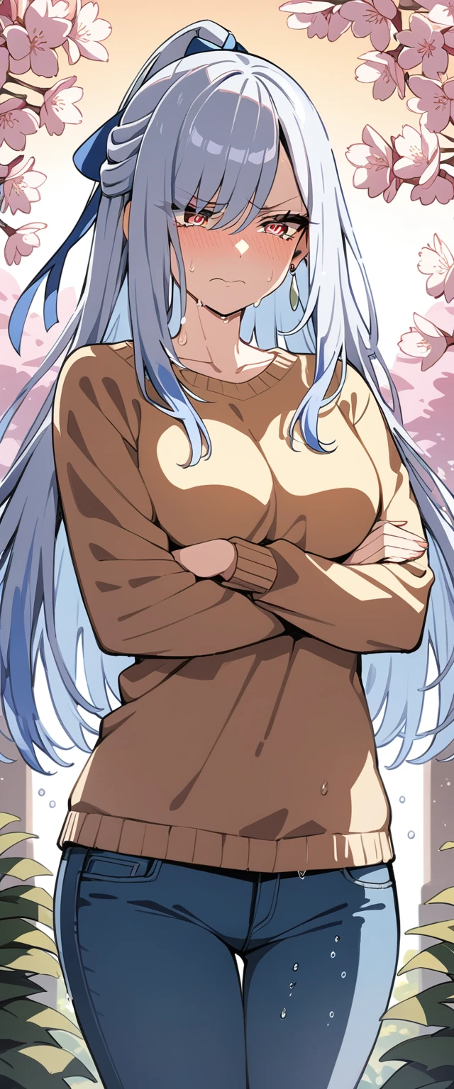 (masterpiece:1.37), best quality, (extremely detailed:1.37), (1girl:1.5), woman, (mature:1.5), (adult:1.5), jingliu, white hair, long hair, ponytail, hair ribbon, red eyes, earrings, jewelry, (jeans:1.25), (extremely detailed eyes:1.37), (wetting self:1.75), embarrassed, humiliation, blushing, angry, tears, sweat, sweating, shaking, trembling, cherry blossoms, garden, (golden hour:1.5), full body, (arms crossed:1.5)