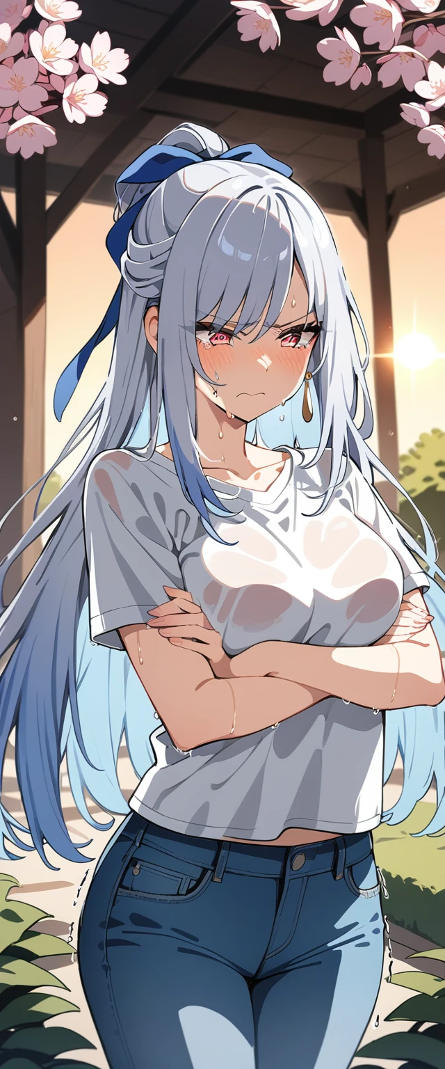 (masterpiece:1.37), best quality, (extremely detailed:1.37), (1girl:1.5), woman, (mature:1.5), (adult:1.5), jingliu, white hair, long hair, ponytail, hair ribbon, red eyes, earrings, jewelry, (jeans:1.25), (extremely detailed eyes:1.37), (wetting self:1.75), embarrassed, humiliation, blushing, angry, tears, sweat, sweating, shaking, trembling, cherry blossoms, garden, (golden hour:1.5), full body, (arms crossed:1.5)