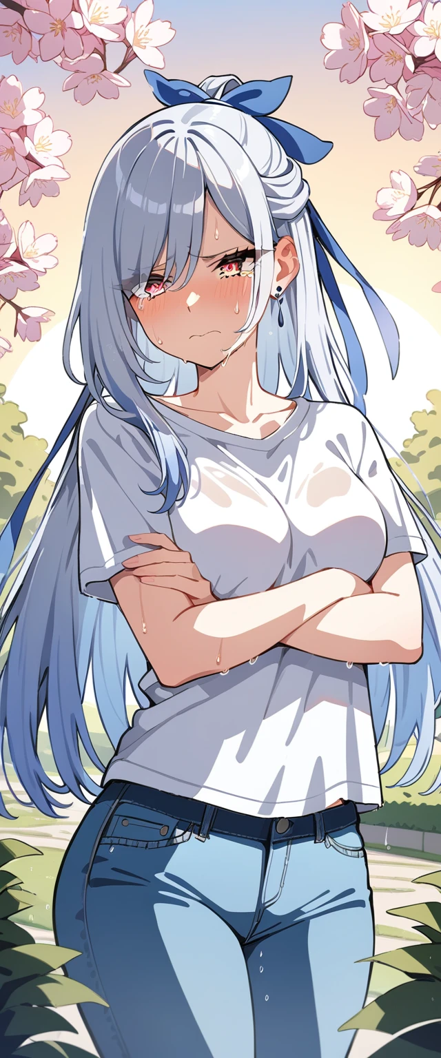 (masterpiece:1.37), best quality, (extremely detailed:1.37), (1girl:1.5), woman, (mature:1.5), (adult:1.5), jingliu, white hair, long hair, ponytail, hair ribbon, red eyes, earrings, jewelry, (jeans:1.25), (extremely detailed eyes:1.37), (wetting self:1.75), embarrassed, humiliation, blushing, angry, tears, sweat, sweating, shaking, trembling, cherry blossoms, garden, (golden hour:1.5), full body, (arms crossed:1.5)