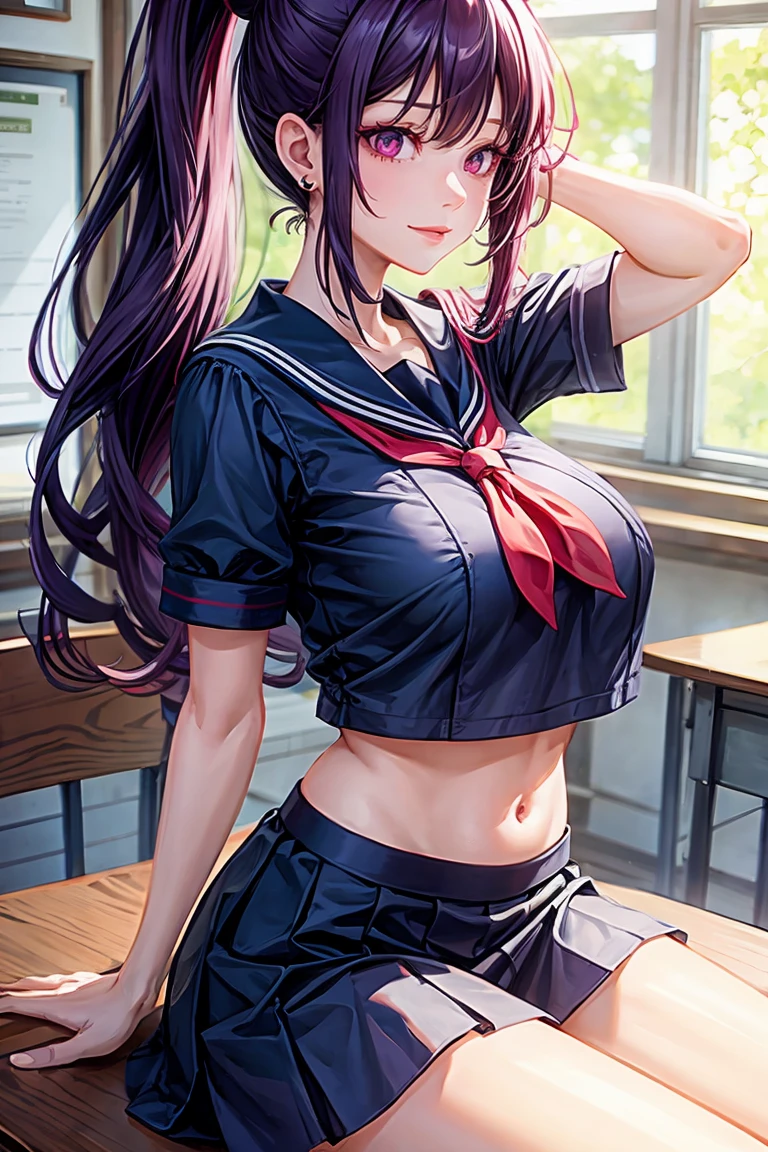 woman, sexy woman, mature female, mommy, long purple hair, red eyes, sharp eyes, detailed lips, big breast, short sleeves sailor uniform, sexy sit, classroom, evil smiling, seductive lips, adjusting hair, short skirt, hunter eyes, looking back, midriff peek, earrings , high pony tail 