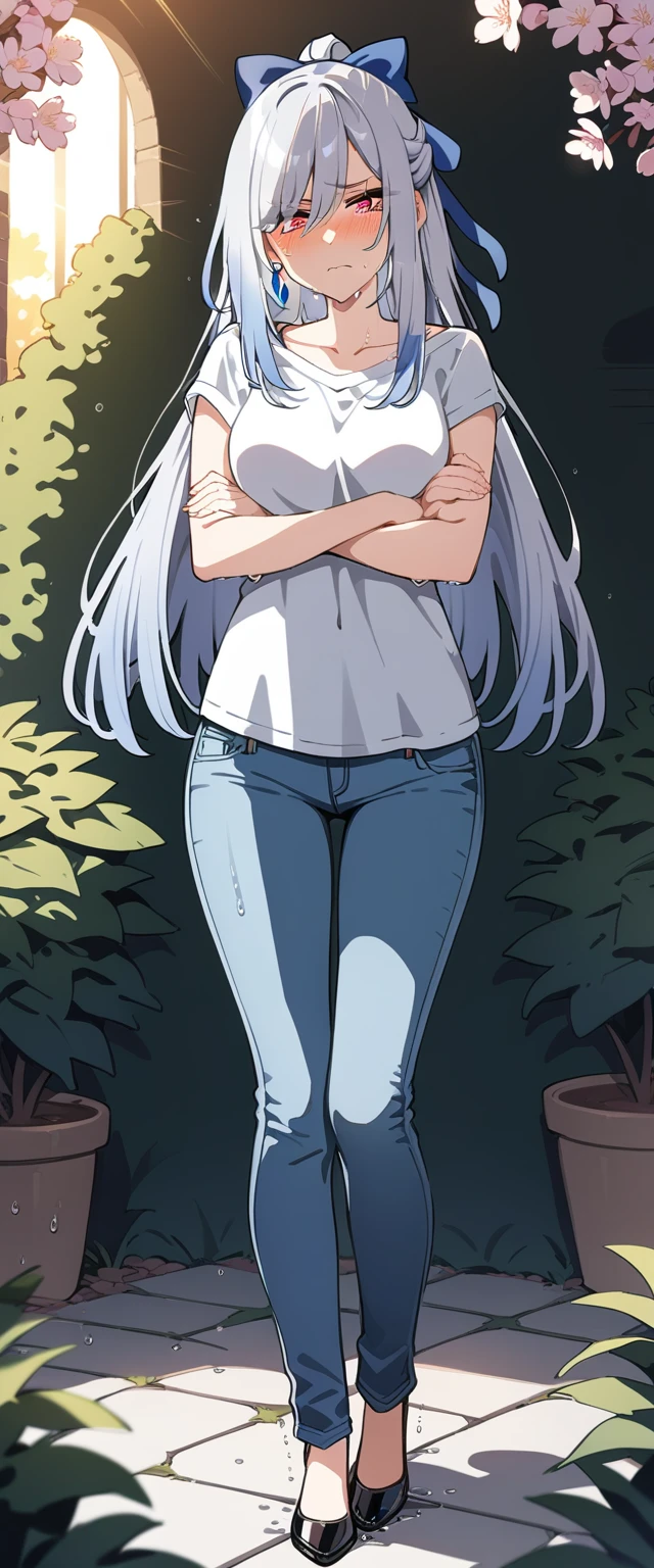 (masterpiece:1.37), best quality, (extremely detailed:1.37), (1girl:1.5), woman, (mature:1.5), (adult:1.5), jingliu, white hair, long hair, ponytail, hair ribbon, red eyes, earrings, jewelry, (jeans:1.25), (extremely detailed eyes:1.37), (wetting self:1.75), embarrassed, humiliation, blushing, angry, tears, sweat, sweating, shaking, trembling, cherry blossoms, garden, (golden hour:1.5), full body, (arms crossed:1.5)