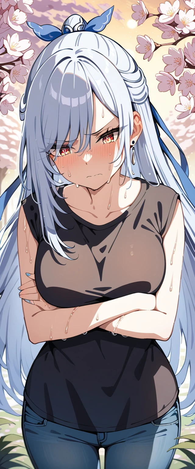 (masterpiece:1.37), best quality, (extremely detailed:1.37), (1girl:1.5), woman, (mature:1.5), (adult:1.5), jingliu, white hair, long hair, ponytail, hair ribbon, red eyes, earrings, jewelry, (jeans:1.25), (extremely detailed eyes:1.37), (wetting self:1.75), embarrassed, humiliation, blushing, angry, tears, sweat, sweating, shaking, trembling, cherry blossoms, garden, (golden hour:1.5), full body, (arms crossed:1.5)