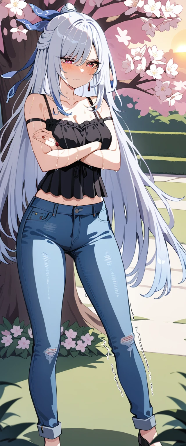 (masterpiece:1.37), best quality, (extremely detailed:1.37), (1girl:1.5), woman, (mature:1.5), (adult:1.5), jingliu, white hair, long hair, ponytail, hair ribbon, red eyes, earrings, jewelry, (jeans:1.25), (extremely detailed eyes:1.37), (wetting self:1.75), embarrassed, humiliation, blushing, angry, tears, sweat, sweating, shaking, trembling, cherry blossoms, garden, (golden hour:1.5), full body, (arms crossed:1.5)