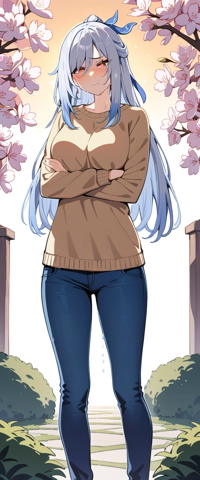 (masterpiece:1.37), best quality, (extremely detailed:1.37), (1girl:1.5), woman, (mature:1.5), (adult:1.5), jingliu, white hair, long hair, ponytail, hair ribbon, red eyes, earrings, jewelry, (jeans:1.25), (extremely detailed eyes:1.37), (wetting self:1.75), embarrassed, humiliation, blushing, angry, tears, sweat, sweating, shaking, trembling, cherry blossoms, garden, (golden hour:1.5), full body, (arms crossed:1.5)
