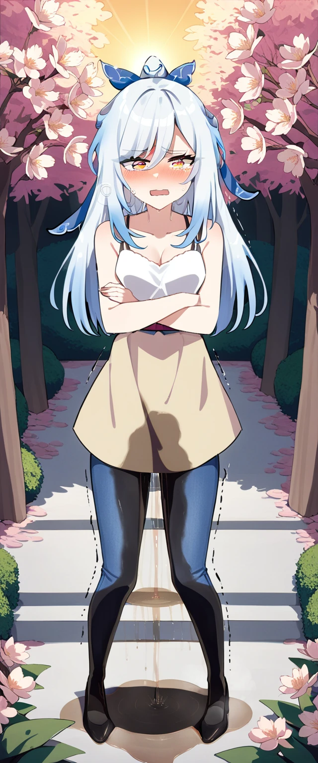 (masterpiece:1.37), best quality, (extremely detailed:1.37), (1girl:1.5), woman, (mature:1.5), (adult:1.5), jingliu, white hair, long hair, ponytail, hair ribbon, red eyes, earrings, jewelry, (jeans:1.25), (extremely detailed eyes:1.37), (wetting self:1.75), embarrassed, humiliation, blushing, angry, tears, sweat, sweating, shaking, trembling, cherry blossoms, garden, (golden hour:1.5), full body, (arms crossed:1.5)