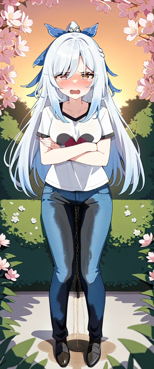 (masterpiece:1.37), best quality, (extremely detailed:1.37), (1girl:1.5), woman, (:1.5), (adult:1.5), jingliu, white hair, long hair, ponytail, hair ribbon, red eyes, earrings, jewelry, (jeans:1.25), (extremely detailed eyes:1.37), (wetting self:1.75), embarrassed, humiliation, blushing, angry, tears, sweat, sweating, shaking, trembling, cherry blossoms, garden, (golden hour:1.5), full body, (arms crossed:1.5)