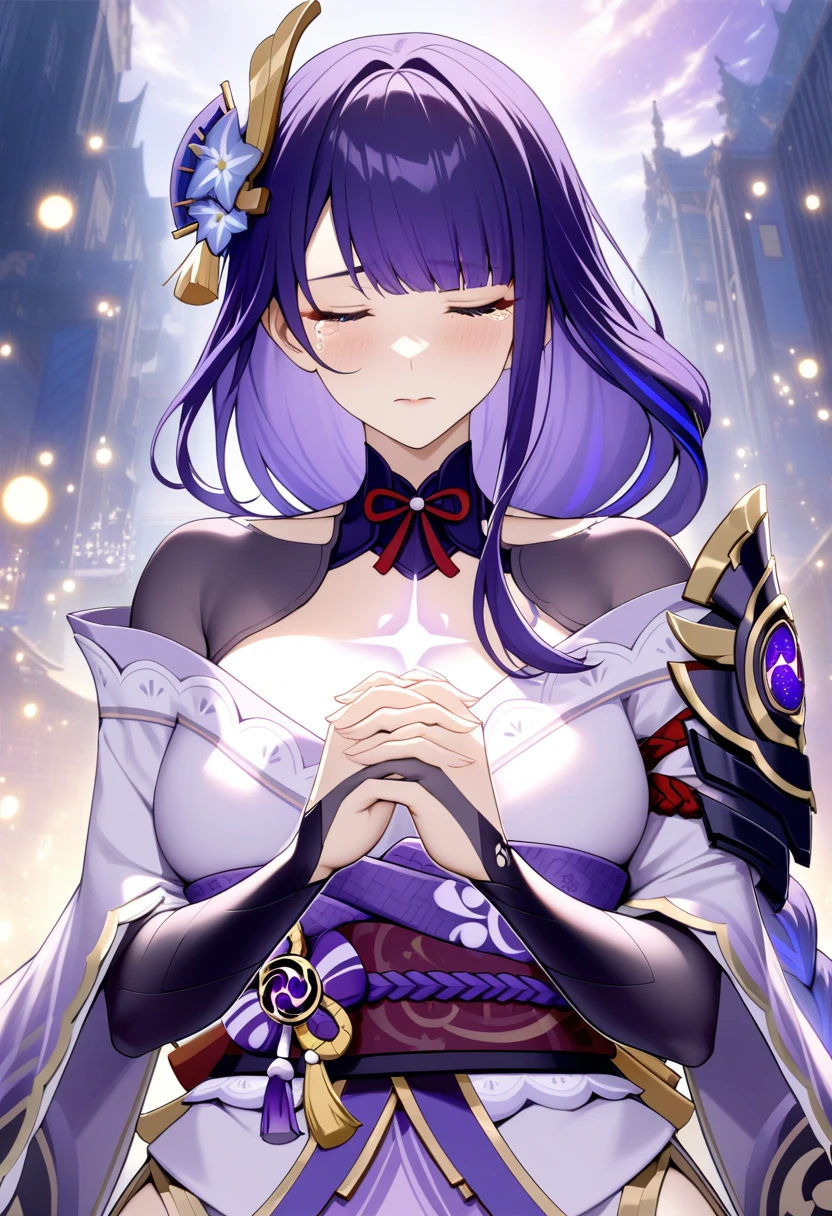 masterpiece, best quality, very aesthetic, absurdres, 1girl, mature_lady,nun_clothes,black_and_white_clothes, nun_headcovering crucifix, praying, interlocked fingers,closed_eyes,tears_in_eyes, head down,holy_light ,bathed in divine light,,raiden_shogun,raiden_shogun (genshin impact), dark purple hair, long hair, single braid, hair ornament, purple eyes,,in a city floating in sky,glowing stardust frontground,fantasy,sparkling,fireflies,