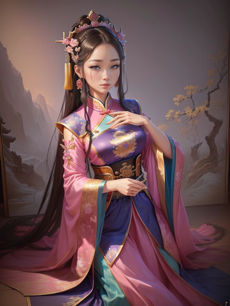 a painting of a woman in a pink and blue dress, ancient chinese princess, a beautiful fantasy empress, beautiful character painting, chinese princess, inspired by Lan Ying, ancient chinese beauties, ancient asian dynasty princess, inspired by Ju Lian, ((a beautiful fantasy empress)), palace , a girl in Hanfu, chinese empress, beautiful render of tang dynasty, Highly detailed CG unit 8k wallpaper, masterpiece, High resolution, highest quality, highest quality real texture skin, Super Real, Digital Painting, Best image quality, 最High resolution, 8k, ((Highly detailed eyes and face, Beautiful eyes every detail)), 1girl, Full Body Shot, wariza,