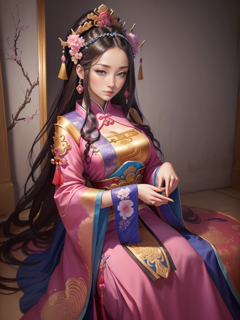 a painting of a woman in a pink and blue dress, ancient chinese princess, a beautiful fantasy empress, beautiful character painting, chinese princess, inspired by Lan Ying, ancient chinese beauties, ancient asian dynasty princess, inspired by Ju Lian, ((a beautiful fantasy empress)), palace ， a girl in Hanfu, chinese empress, beautiful render of tang dynasty,  Highly detailed CG unit 8k wallpaper, masterpiece, High resolution, highest quality, highest quality real texture skin, Super Real, Digital Painting, Best image quality, 最High resolution, 8k, ((Highly detailed eyes and face, Beautiful eyes every detail)), 1girl, Full Body Shot, wariza, 