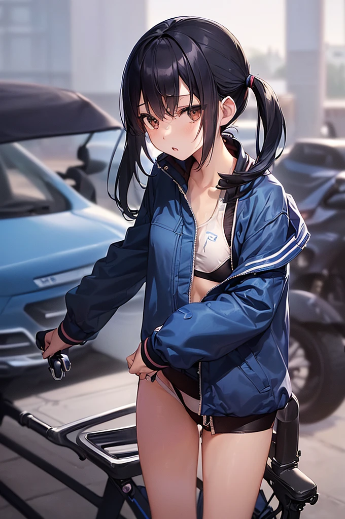 masterpiece, best quality,anime style, 1 girl,(((slender body))), (((small eyes,small breast))),(((Jacket, Open your clothes, Open jacket, Blue jacket, ground vehicle, Sports Bra, bicycle,buruma))),((((cum)))), (beautiful face), (((short twintail))), (((straight hair))), ((((black hair)))),detailed beautiful skin, (perfect hands, perfect anatomy)