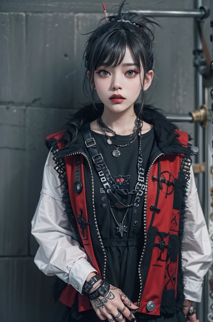 Highest quality、8k、masterpiece：1.3、Gothic Punk、The inner color is red、Gray Black Hair、hair ornaments、beautiful girl、creative、Punk Style、Neogoth、Goth Fashion：0.8、High resolution、masterpiece、Highest quality、頭w:1.3、((Hasselblad Photos))、Fine skin、Sharp focus、(Cinema Lighting)、shirt, Shoulder out, Modest chest 