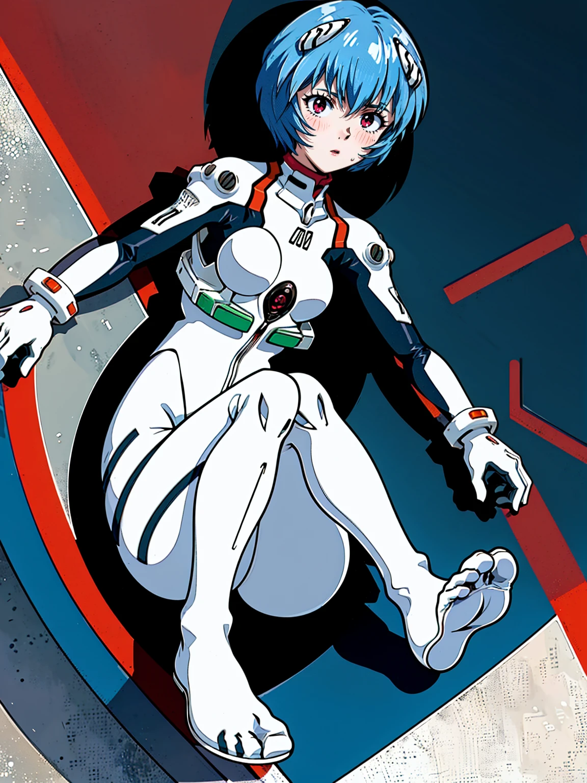 ((Highest quality, 8k wallpaper)),(masterpiece, Highest quality),Very detailed,High resolution,(Official Art:1.3),(((Anime screenshots,Black outline))),One girl,alone, Break mer1,(Rei Ayanami {Neon Genesis Evangelion,}1.2),masterpiece, best quality, outdoor, 1girl, Solo,red eyes,short hair,blue hair, (White plug suit:1.4), Covered in sweat, Mass sweat, Sweating profusely, (((knees together feet apart, holding own arms, bent legs:1.2)))