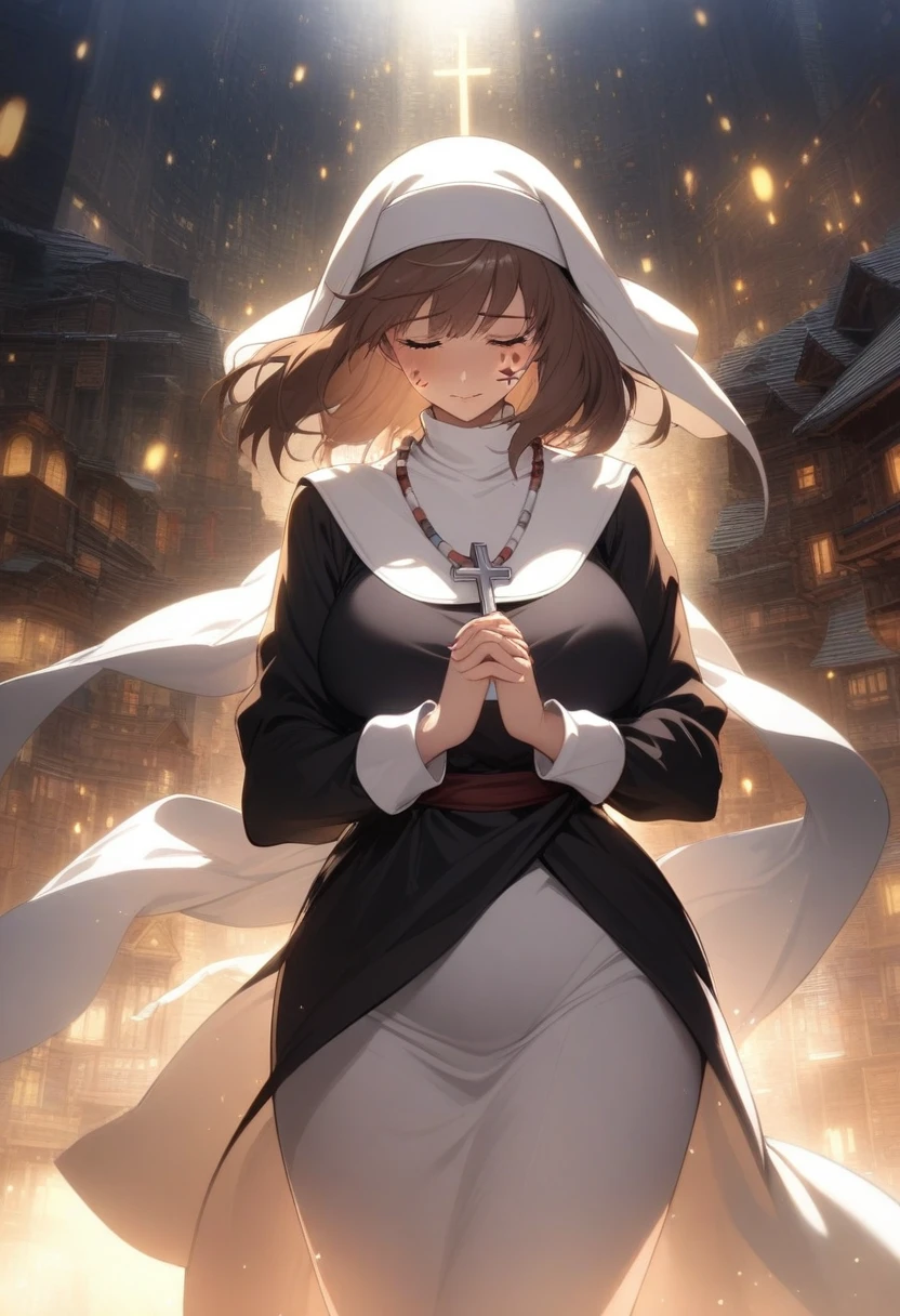 masterpiece, best quality, very aesthetic, absurdres, 1girl, mature_lady,nun_clothes,black_and_white_clothes, nun_headcovering crucifix, praying, interlocked fingers,closed_eyes,tears_in_eyes, head down,holy_light ,bathed in divine light,,san_(mononoke_hime), mononoke_hime, brown_hair, short_hair, red_facepaint, tooth_necklace,,in a city floating in sky,glowing stardust frontground,fantasy,sparkling,fireflies,