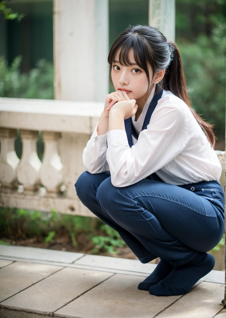 ulzzang-6500-v1.1, navy high socks　Majimix Real、(Raw photo:1.2)、(Photoreal:1.4)、beauty in beautiful details　and delicate expression、bionde、((I can see my pants))(Crouching panty shots)earrings　eyelash　beautiful and fine eyes、huge file size、super detailed、High resolution、transcendental beauty　highest quality、masterpiece、、(Japanese girls&#39; high school uniform))、very detailed expression　 small、finely、Highly detailed face movie lighting、23 year old girl、positive、((dynamic pose)))、(Sit straight with your knees bent))、pleated skirt、blazer、sexy upper eyes black hair, high 