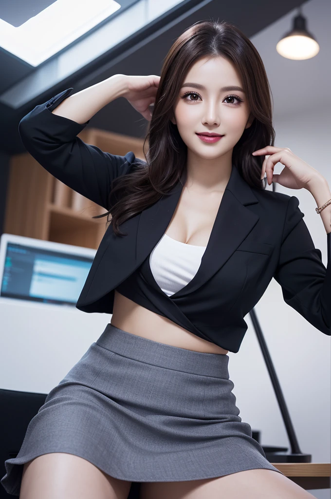 (1woman), Beautiful, Amazing face and eyes, makeup, (extremely detailed beautiful face), seducting smile, (Best Quality:1.4), (Ultra-detailed), (extremely detailed CG unified 8k wallpaper), Highly detailed, raw photos, Professional Photography, (Business Suit, Mini skirt:1.2), (Business shirt with wide open chest), (Spread legs), (view from below:1.2)
