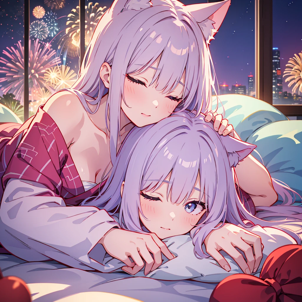 Close-up of face,Young,Height 110cm,Lying with my whole body spread out on the soft bed,Laying my head on the pillow,Sleeping with the left side facing down,Sleeping with both eyes closed,So close you can hear me breathing,One person,Fireworks Night, Yukata,A strand of red mesh in silver hair, A huge fireworks falling from the sky, visible from both windows behind me,Cat ear girl, delicate design, Bright colors, detailed character design, Soft light and shadow, Cat's Tail, Cat print yukata, Fireworks in the night sky, Face illuminated by light, Hair swaying in the wind, Characters stand out, The background is blurred, The focus is on the characters, Sharp details, Warm light at night,