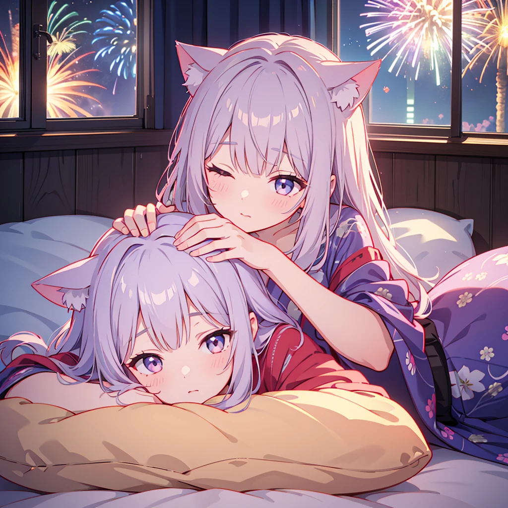 Close-up of face,Young,Height 110cm,Lying with my whole body spread out on the soft bed,Laying my head on the pillow,Sleeping with the left side facing down,Sleeping with both eyes closed,So close you can hear me breathing,One person,Fireworks Night, Yukata,A strand of red mesh in silver hair, A huge fireworks falling from the sky, visible from both windows behind me,Cat ear girl, delicate design, Bright colors, detailed character design, Soft light and shadow, Cat's Tail, Cat print yukata, Fireworks in the night sky, Face illuminated by light, Hair swaying in the wind, Characters stand out, The background is blurred, The focus is on the characters, Sharp details, Warm light at night,