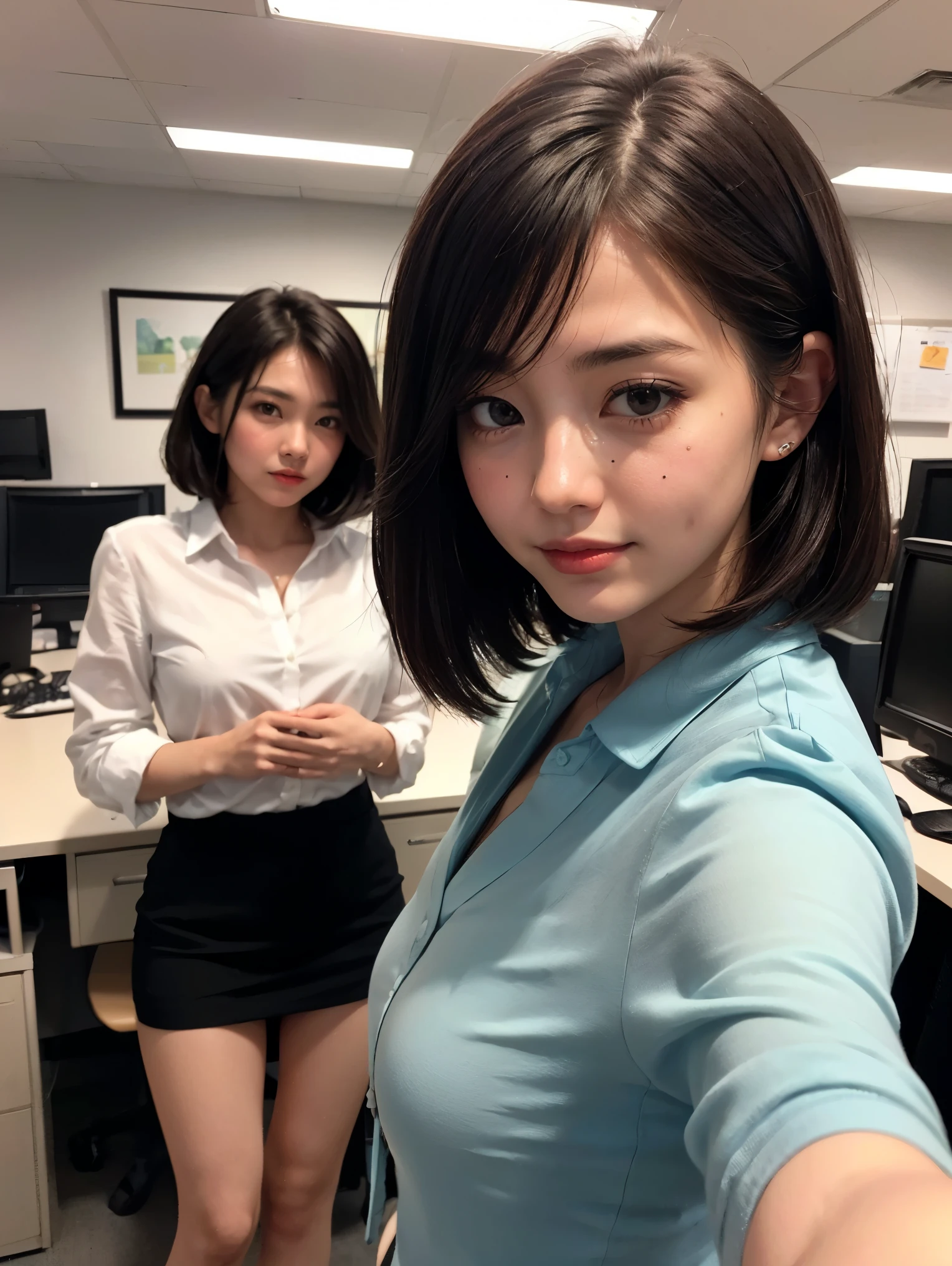 8k, RAW Portrait (Japanese women),masterpiece、Photorealistic:1.2、Realistic, Ultra-high resolution, Highest quality, Real Life Photos ,( in the evening :1.1), ((((1 female:1.5)))), (((Two girls showing off their panties In the room)))、(Cute Face:1.3)、Japanese women,((office lady))、((本物のoffice lady))、((business art:1.6))、 Short Hairstyles,、In the room、 、big, beautiful, beautiful目, Black Hair,(Written boundary depth:1.3)、 ((Dark brown eyes:1.2))、(Realistic skin texture:1.3)、(Immersive atmosphere:0.8、Chiaroscuro:1.2) 、((Embarrassed look:1.4))、((Red cheeks:1.3))、((From belowの天井:1.2))、(smile:0.7)、((She's wearing tiny silk panties))、((Panty shot))、((A woman rolling up her skirt))、((From below:1.48))、((Crotch close-up:1.52))、((Pants with emphasis on the photo))、the most beautiful woman in the world、the most beautiful woman in the world、((Spread your legs out to the side:1.4))、Large Breasts、Cleavage、Fair skin、Multiple moles、Large Breasts、Shirts that show a bra