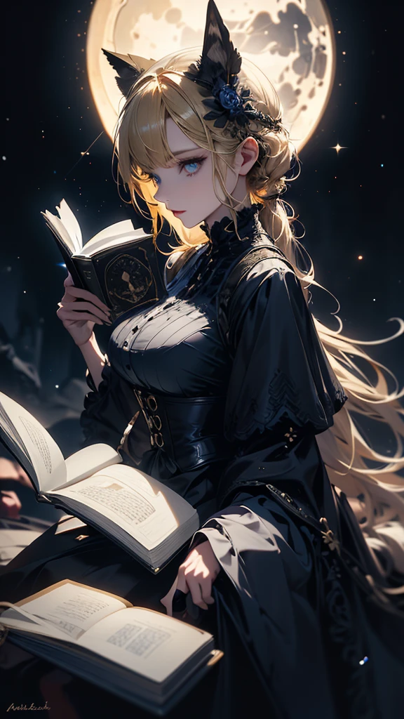 masterpiece, high quality, 4K, Beautiful design, silhouette，blonde， Highly detailed time and space， wonderful, Finer details,  Very knowledgeable woman, Highly detailed solo, 1 female,Big Breasts，Gothic ta Fashion，Reading a book，Night view，Starry Sky，full moon，