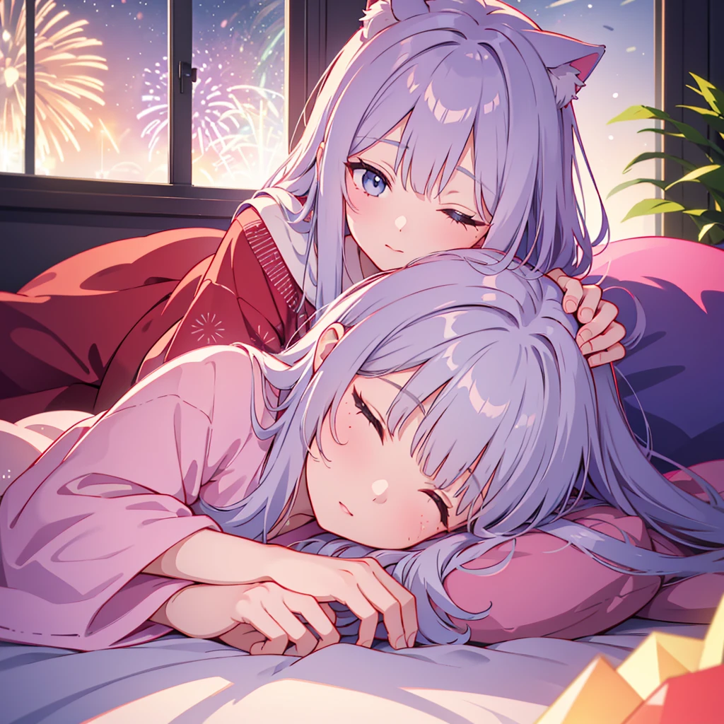Close-up of face,Young,Height 110cm,Lying with my whole body spread out on the soft bed,Laying my head on the pillow,Sleeping with the left side facing down,Sleeping with both eyes closed,So close you can hear me breathing,One person,Fireworks Night, Yukata,A strand of red mesh in silver hair, A huge fireworks falling from the sky, visible from both windows behind me,Cat ear girl, delicate design, Bright colors, detailed character design, Soft light and shadow, Cat's Tail, Cat print yukata, Fireworks in the night sky, Face illuminated by light, Hair swaying in the wind, Characters stand out, The background is blurred, The focus is on the characters, Sharp details, Warm light at night,