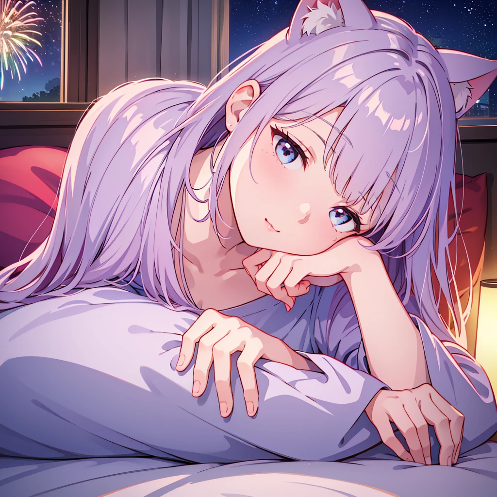 Close-up of face,Young,Height 110cm,Lying with my whole body spread out on the soft bed,Laying my head on the pillow,Sleeping with the left side facing down,Sleeping with both eyes closed,So close you can hear me breathing,One person,Fireworks Night, Yukata,A strand of red mesh in silver hair, A huge fireworks falling from the sky, visible from both windows behind me,Cat ear girl, delicate design, Bright colors, detailed character design, Soft light and shadow, Cat&#39;s Tail, Cat print yukata, Fireworks in the night sky, Face illuminated by light, Hair swaying in the wind, Characters stand out, The background is blurred, The focus is on the characters, Sharp details, Warm light at night,