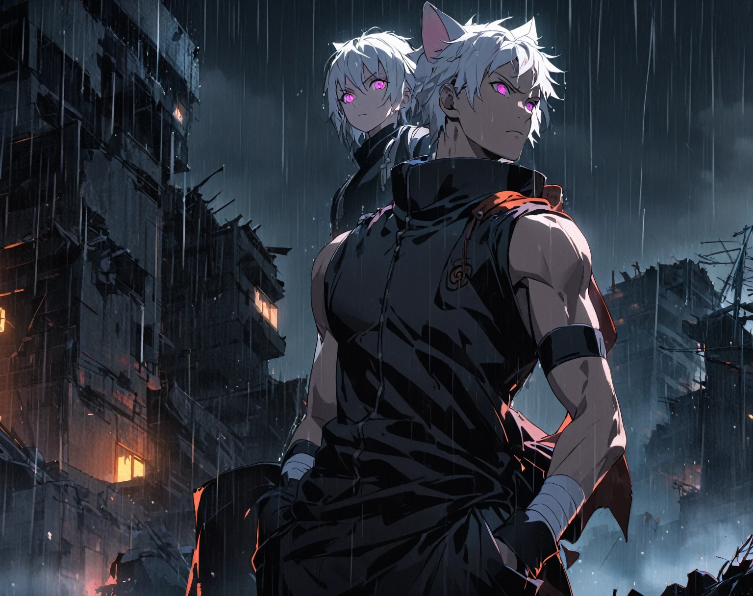 1 men, short white hair, pink eyes, Kitten ears, Wearing a naruto ninja uniform, wearing gloves, slightly muscular body, at night, raining, front view, Top of a destroyed building, Hand in pockets, 4K, bright coloured, tall quality, Banner style