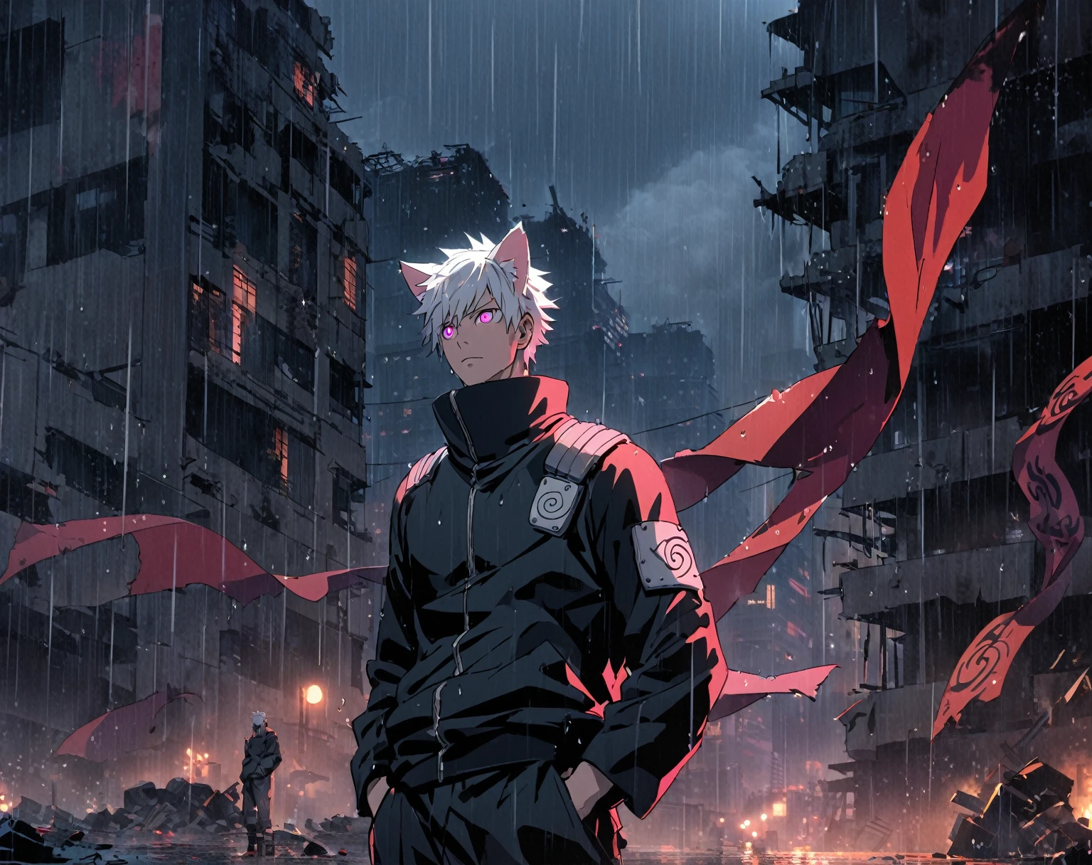 1 men, short white hair, pink eyes, Kitten ears, Wearing a naruto ninja uniform, wearing gloves, slightly muscular body, at night, raining, front view, Top of a destroyed building, Hand in pockets, 4K, bright coloured, tall quality, Banner style