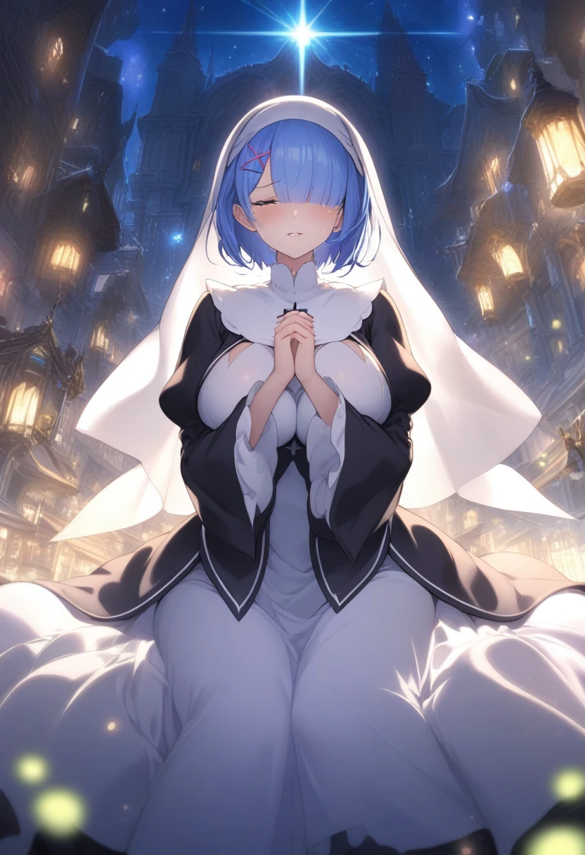 masterpiece, best quality, very aesthetic, absurdres, 1girl, mature_lady,nun_clothes,black_and_white_clothes, nun_headcovering crucifix, praying, interlocked fingers,closed_eyes,tears_in_eyes, head down,holy_light ,bathed in divine light,,rem_(re:zero), re:zero_kara_hajimeru_isekai_seikatsu, 1girl, blue_eyes, short_hair, blue_hair, hair_over_one_eye, asymmetrical_bangs, x_hair_ornament, black_hair, blunt_bangs, breasts, hairband,,in a city floating in sky,glowing stardust frontground,fantasy,sparkling,fireflies,