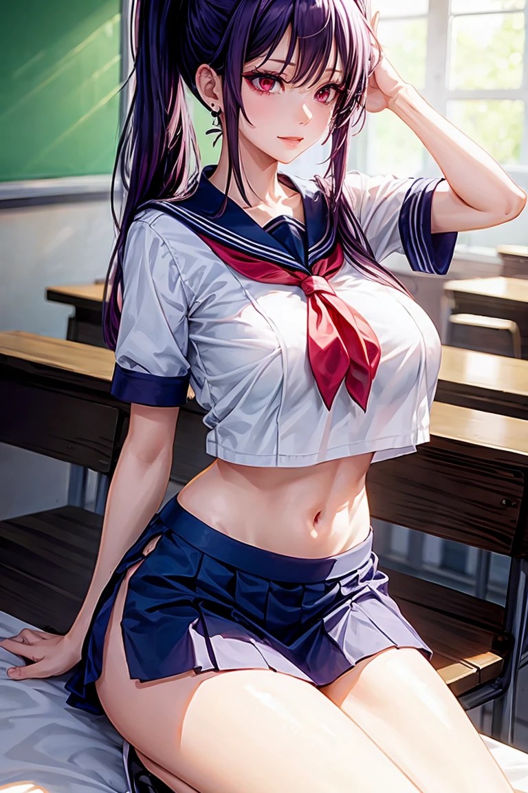 woman, sexy woman, mature female, mommy, long purple hair, red eyes, sharp eyes, detailed lips, big breast, short sleeves sailor uniform, sexy sit, classroom, evil smiling, seductive lips, adjusting hair, short skirt, hunter eyes, looking back, midriff peek, earrings , high pony tail