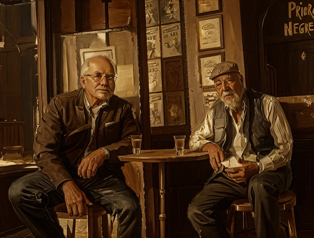 Oil painting of two old men sitting ((best work of art)) ((two elderly men)) (old bar atmosphere)) bar table, whiskey shots, Brown hair, modern, current white background, Nick Alm, by Andrea Pozzo, Jeremy Lipking, range murata Jeremy Lipking, by Carlo Mense, inspired by Enrique Simonet, sargento marshénnikov, by Michael Ford, krenzcushart, Jeremy Lipking full length shot, by Josep Rovira Sole