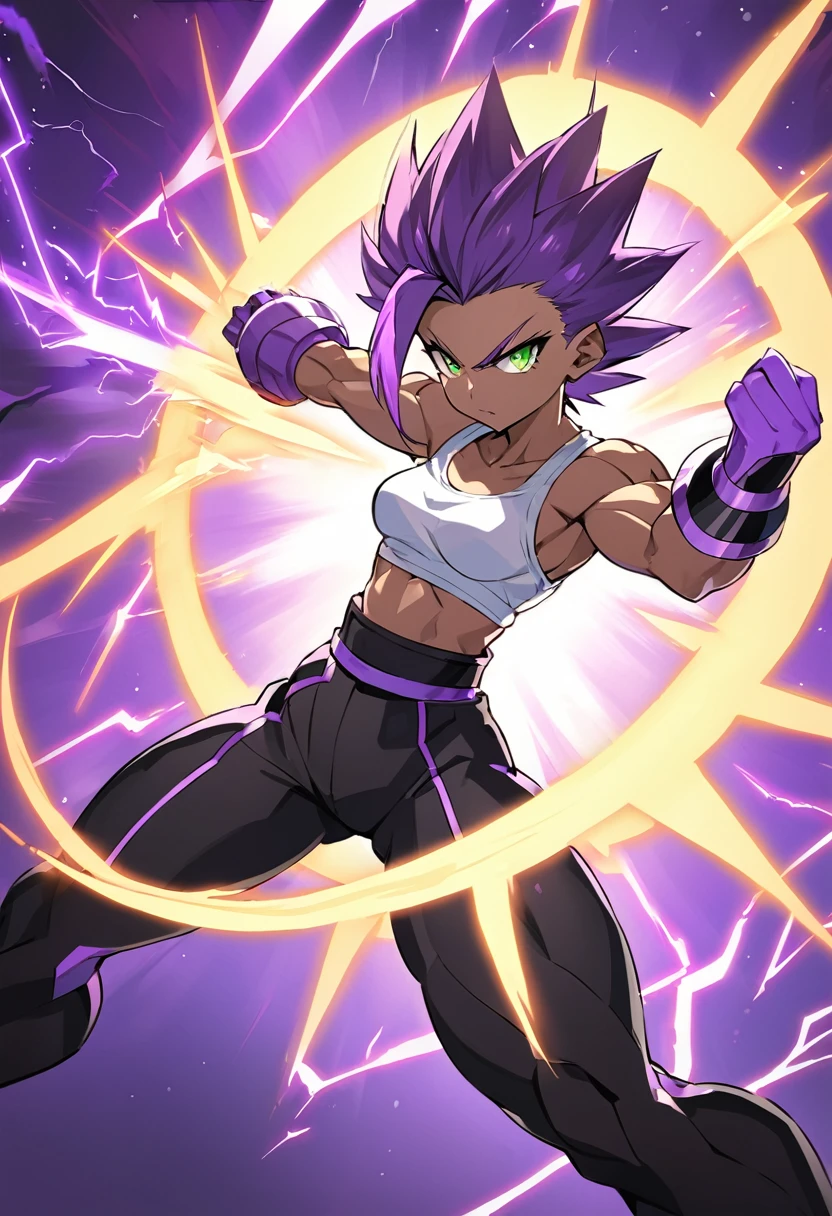 girl, alone, Saiyan, spiky purple hair, green eyes, defined muscles, thin waist, wide hips, dark skin, medium breasts, white t-shirt, black pants, super saiyan, lightning around, purple lightning, purple lightning around, energy around, ki energy, purple energy, god of destruction (super dragon ball style), she is generating enormous purple energy with her two hands to attack her opponent